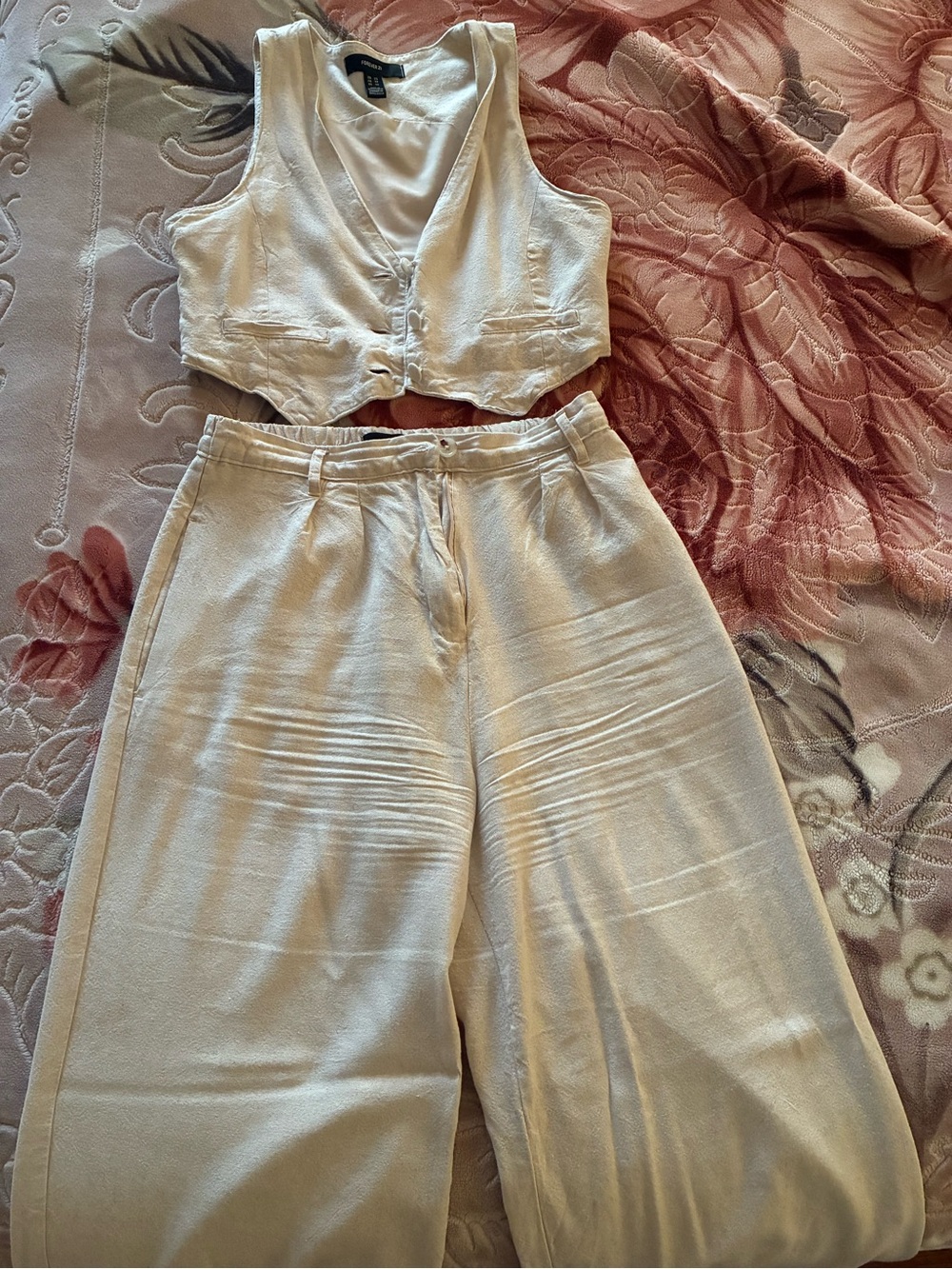 Forever 21 Cream High-Waist Wide-Leg Pants